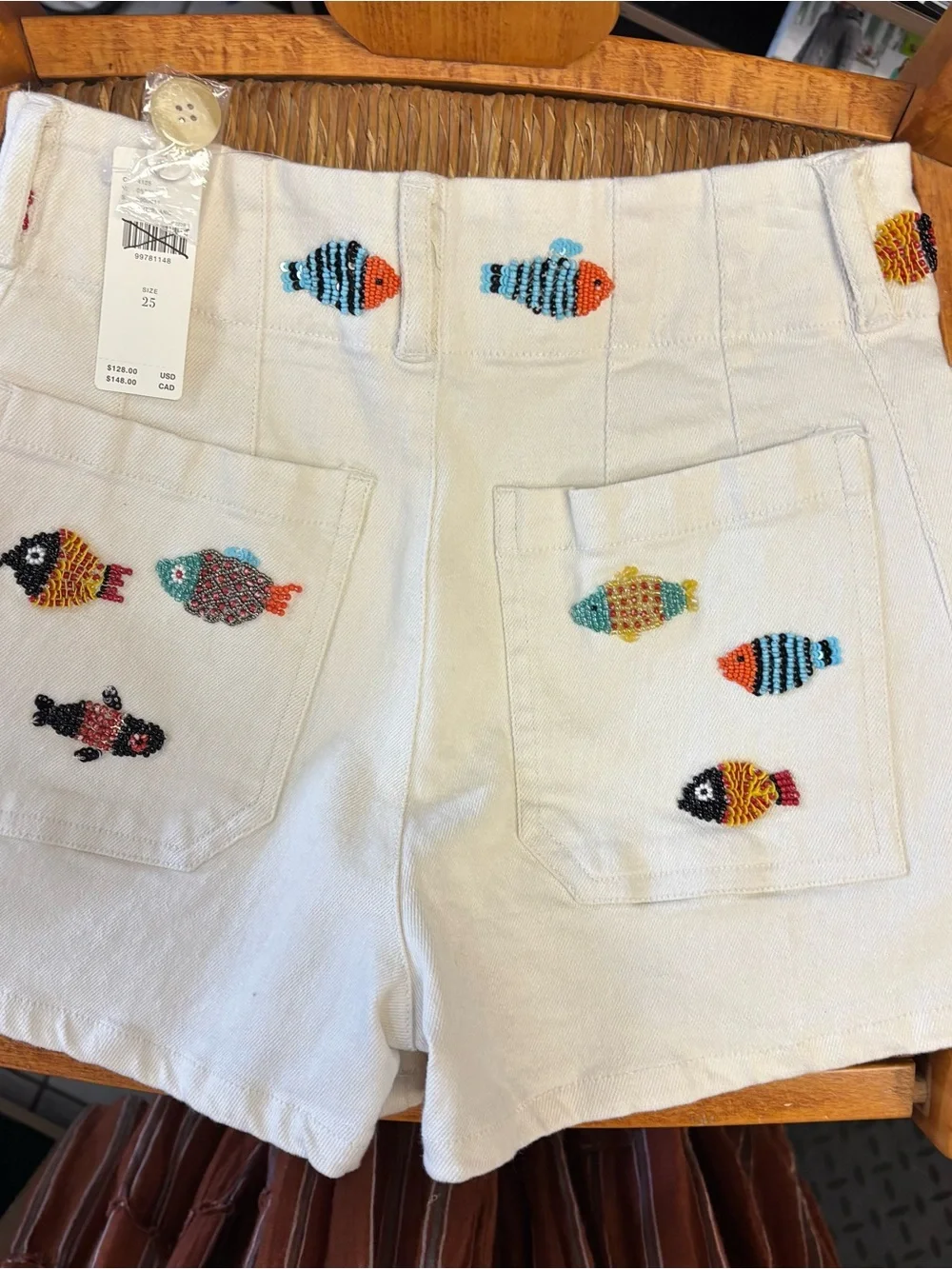 Maeve Colette Embroidered Beaded Fish Cotton Shorts - White